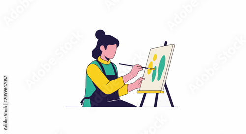 Person in colorful clothing painting abstract shapes on an easel