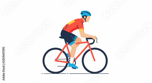 Person in cycling gear rides a red bicycle with blue helmet and shoes