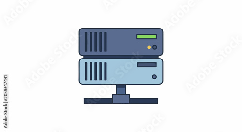Stacked server units on a dark stand with indicator lights