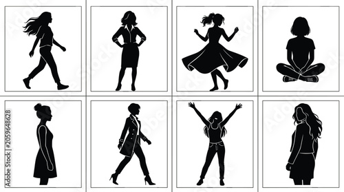 Fotografie Human silhouette vector collection featuring walking standing twirling sitting p