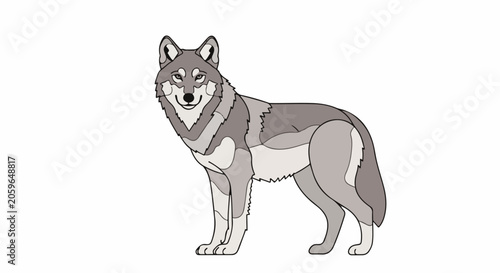 Stylized illustration of a gray wolf with segmented coloring, standing alert