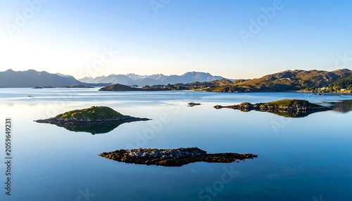 Serene landscape with islands and mountains.