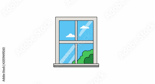 Simple window view with blue sky, white clouds and green bush