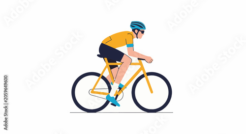 A cyclist in yellow jersey and blue helmet rides a yellow bicycle