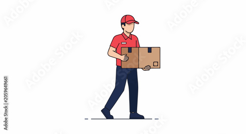 A delivery person in a red cap and shirt, dark pants, carries two brown cardboard boxes
