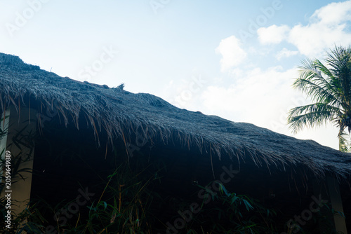 Obraz na plátně Traditional thatched roof hut under clear blue sky with palm tree in tropical se