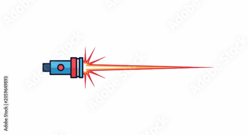 A blue ray gun fires a bright, thin, orange-red beam of energy horizontally