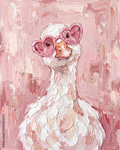 A whimsical painting of a goose wearing heart-shaped glasses against a pink background.