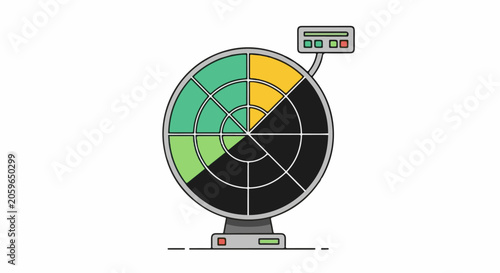 A circular screen with colored segments shows data on a console