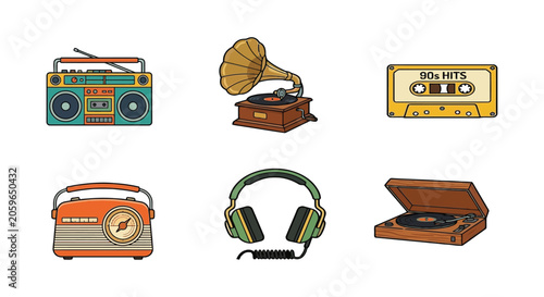 Konstfotografi Assortment Of Vintage Audio Equipment In A Colorful Vector Illustration Style bo