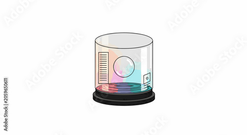 A cylindrical container with colored liquids swirling inside and a textured base