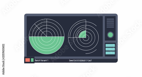 A digital display shows two circular radar screens, one partially filled, with controls