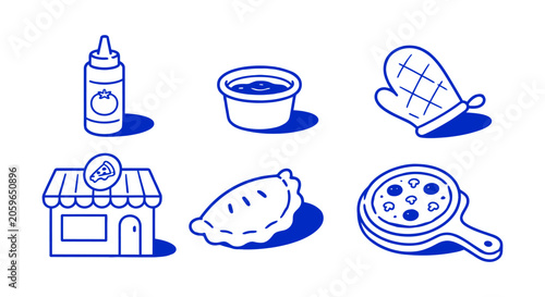 фотографія Blue line art icons of pizza shop oven mitt sauce and baked calzone