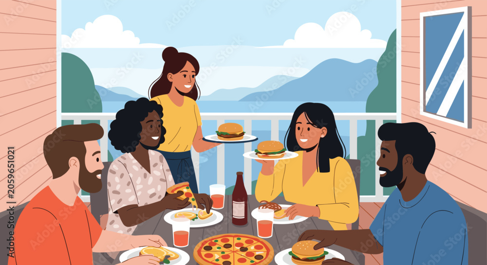 Fototapeta premium Group of diverse friends enjoying delicious pizza and burgers on sunny balcony with beautiful mountain and sea view.