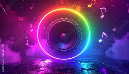 Illuminated speaker with musical notes floating in an ethereal space