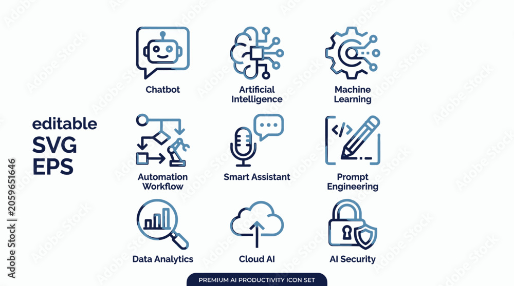 Fototapeta premium Dynamic Vector Icon Set Explore artificial intelligence, machine learning, data analytics, and automation technology for digital innovation projects and smart system design