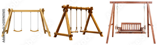 Photos Three wooden swings for a playground, isolated on a white background