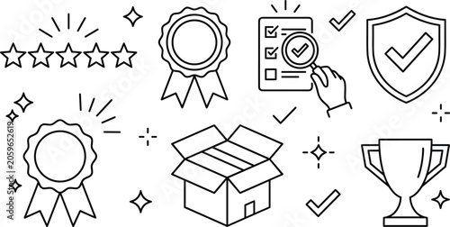 Quadro su tela Quality assurance and product delivery line icon set featuring five stars rosett