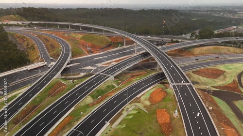 Aerial drone reverse view above the newly opened M7 -M12 Interchange at Cecil Hills, Western Sydney, NSW Australia on the morning of 14 June 2026