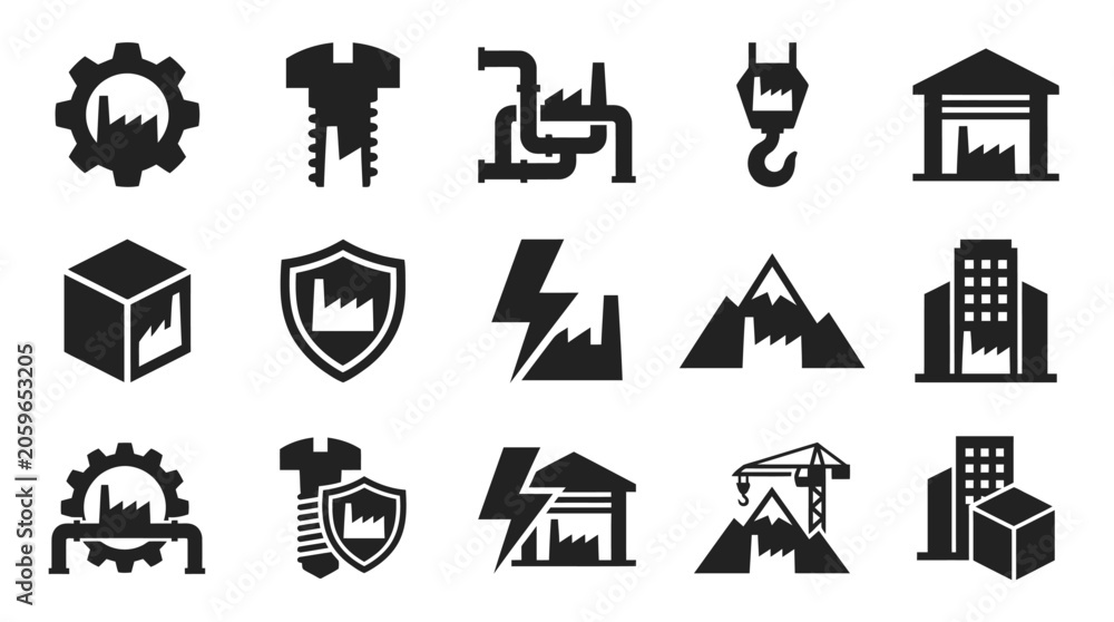 Fototapeta premium Set of blue linear industrial manufacturing icons representing technology, logistics, engineering, and factory production equipment
