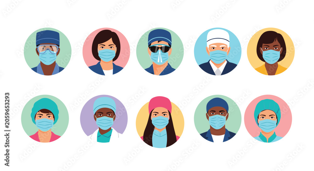 Fototapeta premium Collection of diverse healthcare professional avatars including doctors and nurses wearing protective face masks and medical uniforms or caps.