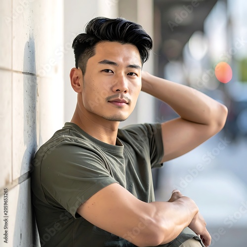 Young Asian man leaning on wall.