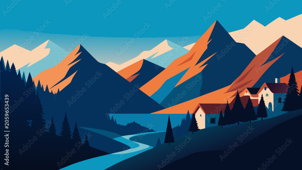 Fototapeta premium Albanian Alps Theth Valley Vector Illustration