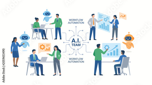 AI Team Workflow Automation Network with Diverse Professionals and Robot Collaboration Concept
