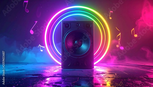 Illuminated speaker with neon rings and music notes in a glowing mist