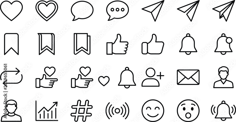 Fototapeta premium Social media interface line icon set featuring heart comment paper plane bookmark notification bell profile and like symbols