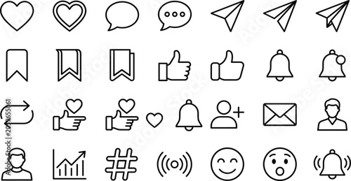 Social media interface line icon set featuring heart comment paper plane bookmark notification bell profile and like symbols