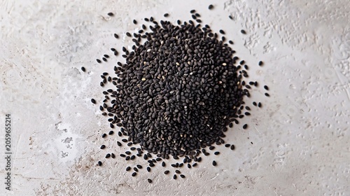 Black sesame seeds pile on light grey top down