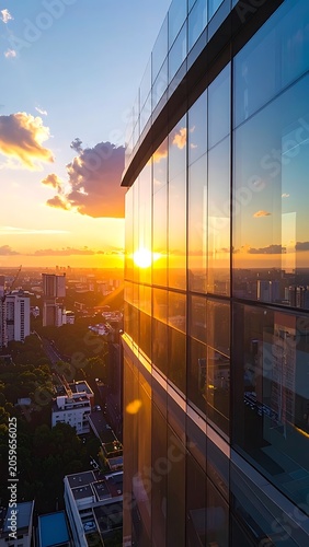 Sunset reflected on glass skyscraper building.