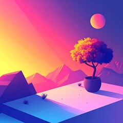 Leinwandbilder Rosa Vibrant desert tree landscape with moon.  © susu