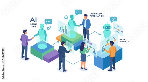 AI Agent Team Isometric Illustration with Business People Monitoring Automation and Data Insights