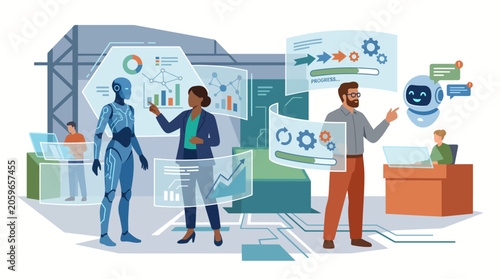 Humanoid Robot and Scientist Team Analyzing AI Technology Data in Modern Research Laboratory