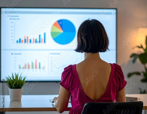 a professional brunette woman with short hair wearing a dark pink summer dress sitting at the desk in a modern office with a large virtual dashboard, back view