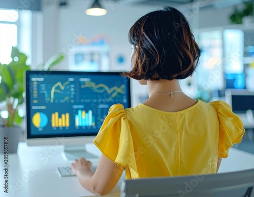 a professional brunette woman with short hair wearing a yellow summer dress sitting at the desk in a modern office with a large virtual dashboard, back view