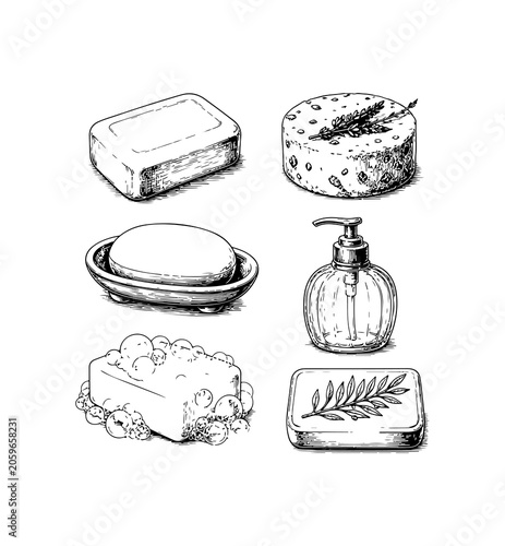 Simple hand drawn hand soap sketch set, engraved hygiene bath washing cleanser illustration clip art