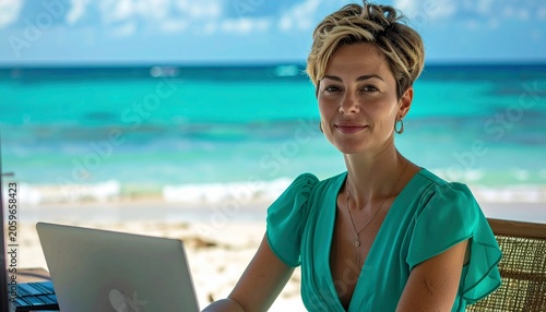 a professional woman with short hair wearing a green turquoise summer dress sitting at the desk on the tropical beach on a sunny day, smart working photography