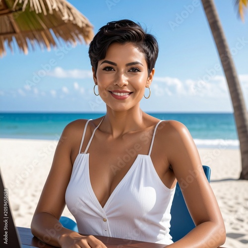a professional brunette woman with short hair wearing a white summer dress sitting at the desk on the tropical beach on a sunny day, smart working photography