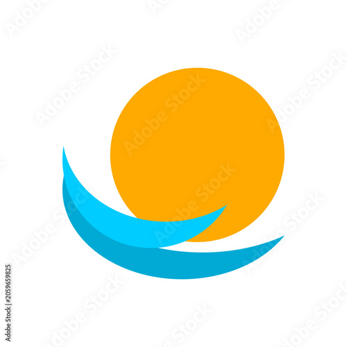 Yellow circle sun with blue wave sea icon flat vector design