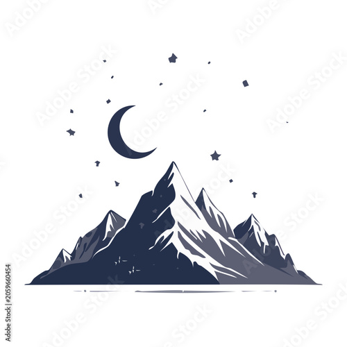 Minimalist mountain range with moon and stars illustration