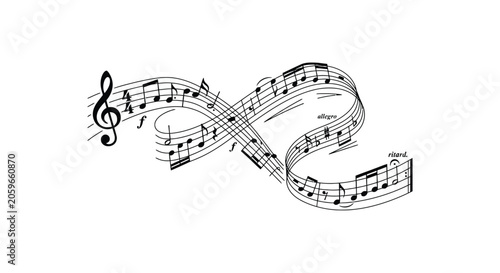 Musical notation with clef and notes forms a curved ribbon on a white background allegro music musicality score