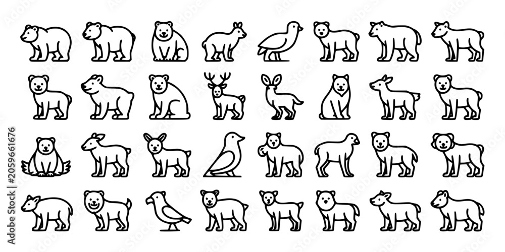 Fototapeta premium Animals in Various Poses and Styles in a Collection of Line Art Illustrations Featuring Bears, Deer, Birds with Wildlife and Nature Elements