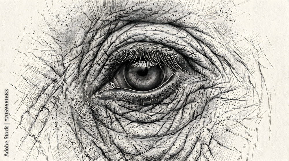 Obraz premium Detailed close-up illustration of an eye with wrinkles on face