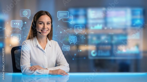 Confident female operator with headset sitting at office desk, copy space