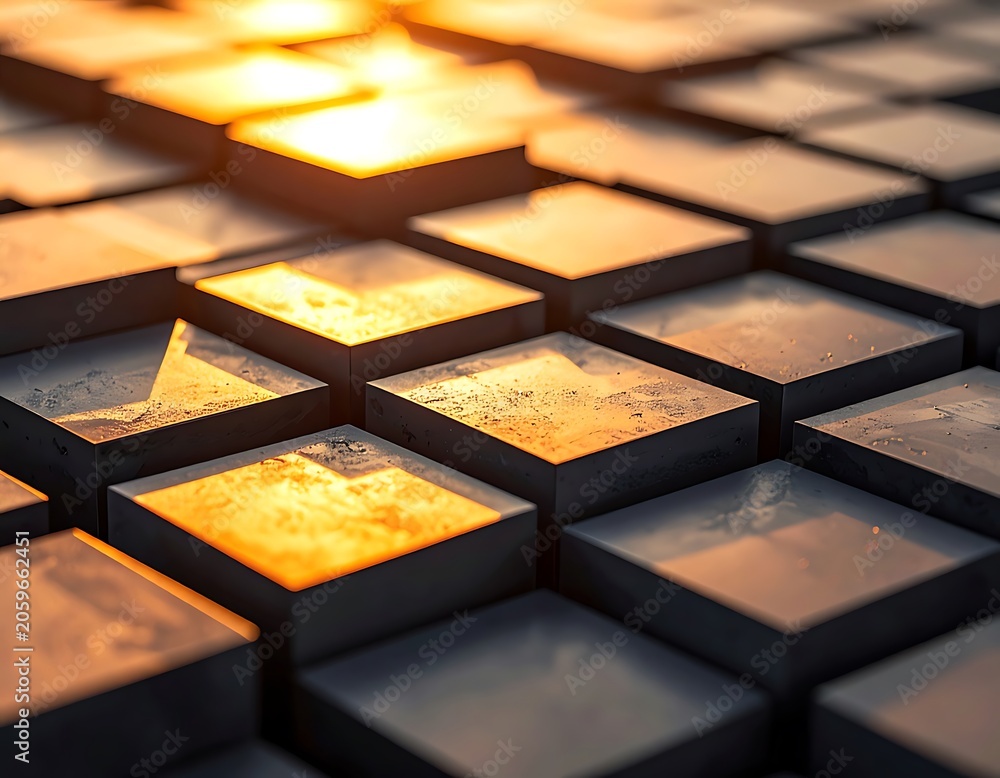 Fototapeta premium Golden cubes in grid pattern closeup.