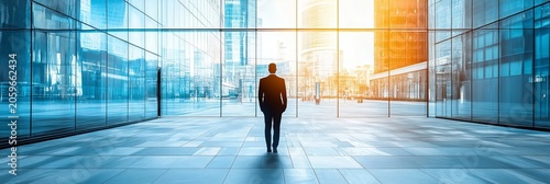 Businessman in a modern glass office building standing alone and looking at city urban architecture.