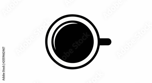 Top view, minimalist black and white icon of a coffee cup with a handle